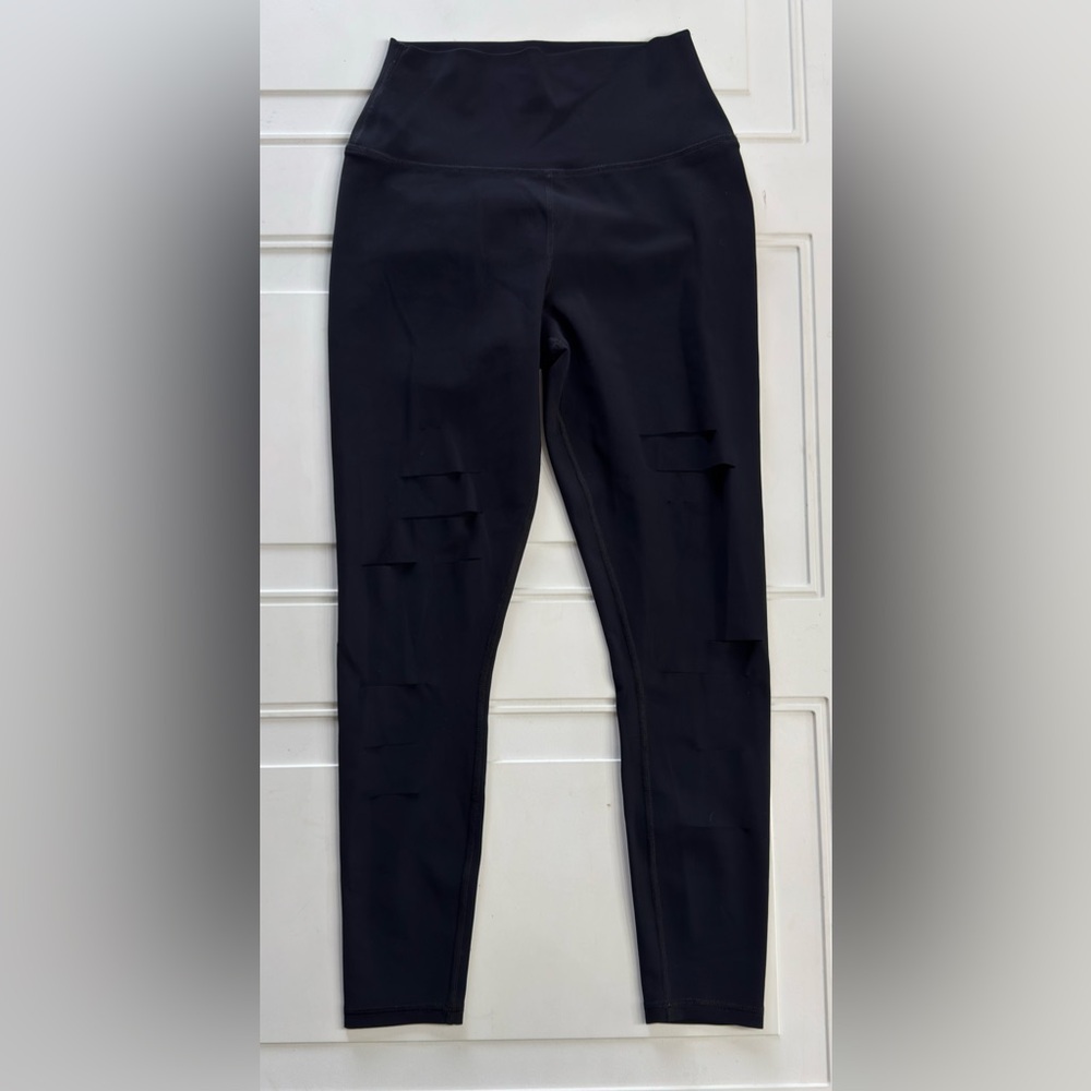 Alo Women’s Sz S Black High Waisted Warrior Ripped Distressed Yoga Leggings